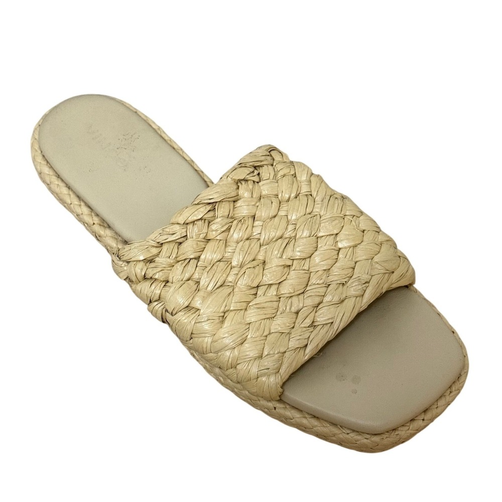 Vince Women Woven Slide Sandals 9 Beige Braided Raffia Square Toe Coastal Chic